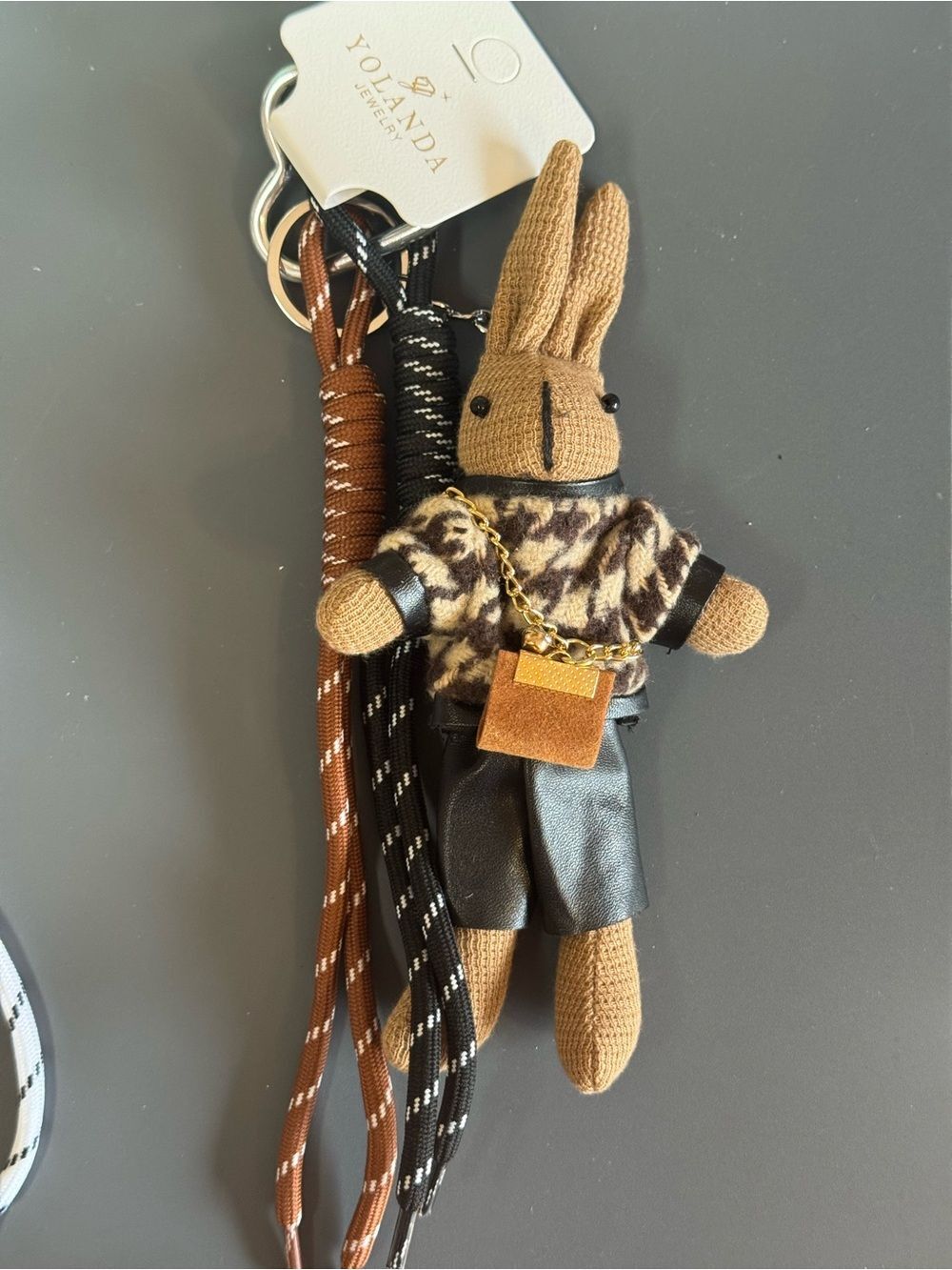 NWT Yolanda Houndstooth Plush Bunny Keychain Bag Charm Preppy Mini Bag